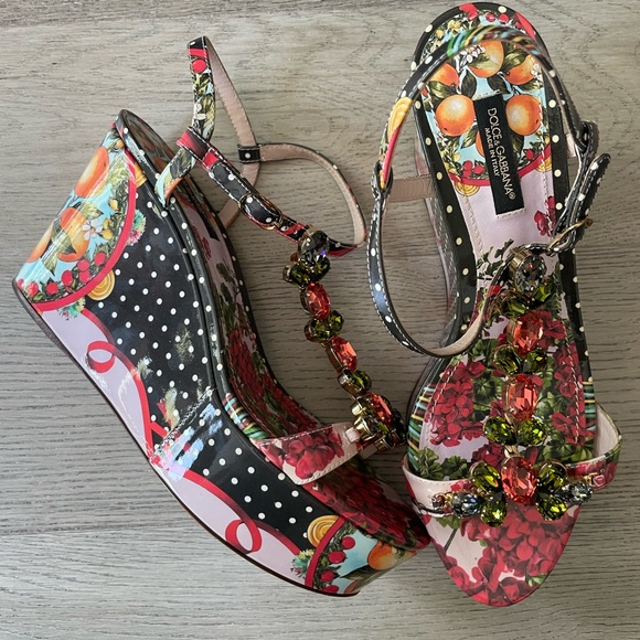 Dolce and Gabbana Sicily Italian Art Print Platform Wedge Sandals - Picture 6 of 7